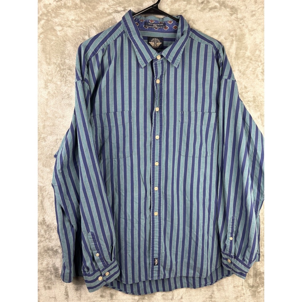 Vintage 90s‎ Dockers Levi's Striped Button Up Shirt Long Sleeve Men's XXL Blue